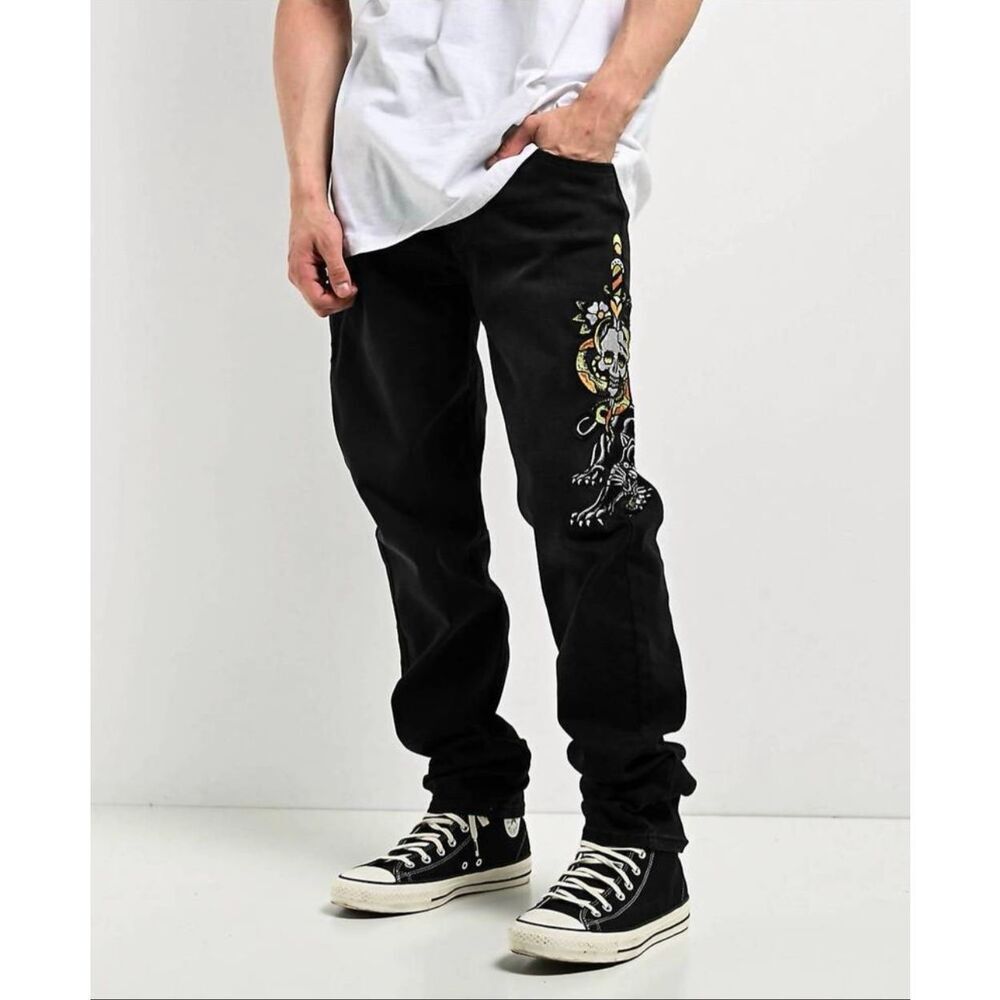 Ed Hardy Men's Slim Tapered Jeans Black Skull Dagger Embroidered Size 38